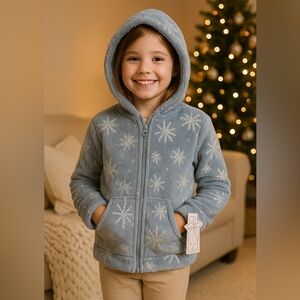 Emma & Elsa Girls Hoodie Zip Up Sequin Snowflake Plush Soft Cozy Blue Jacket L